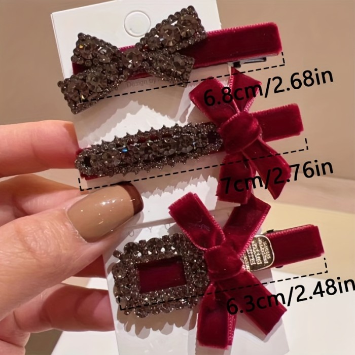 🎄4Pcs Christmas New Year Hairpins | Wine Red Velor Bow Rhinestone Duckbill Clips for Women