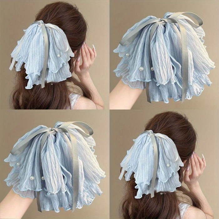 Elegant Ice Blue Ruffled Bow Hair Claw Clip