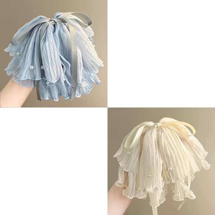 Elegant Ice Blue Ruffled Bow Hair Claw Clip