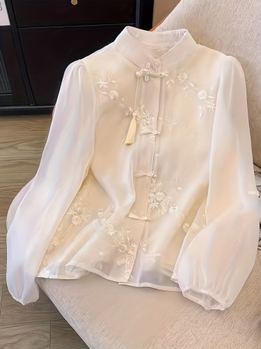 🏮Women’s Chinese-Inspired Mandarin Collar Blouse | Semi-Sheer Long Sleeve Formal Wedding Solid Top