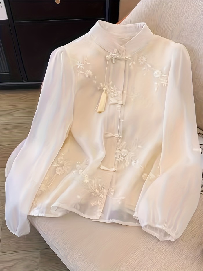 🏮Women’s Chinese-Inspired Mandarin Collar Blouse | Semi-Sheer Long Sleeve Formal Wedding Solid Top