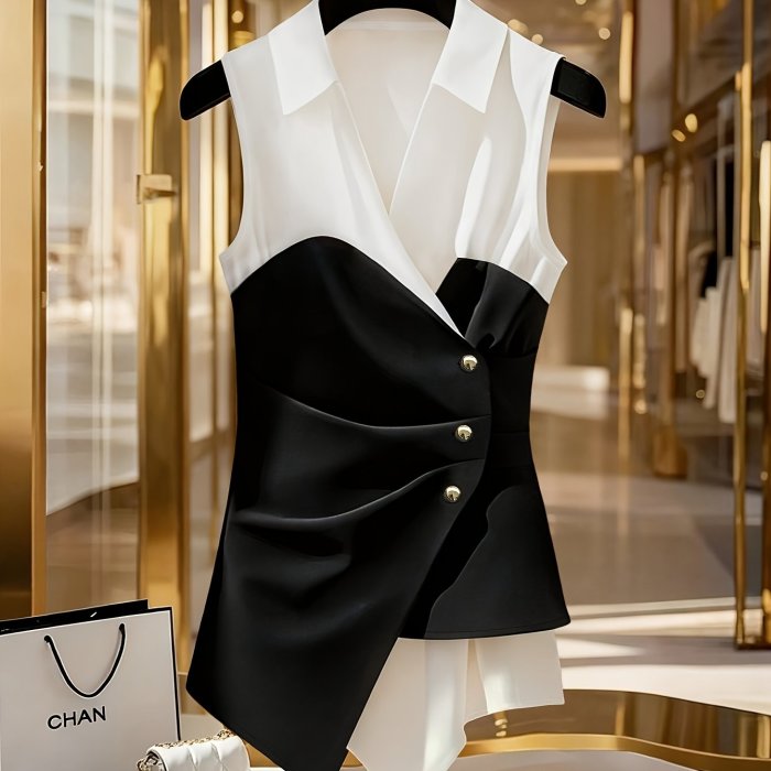 💫Women’s Color Block Sleeveless Top | Turn-Collar Waist-Defining Elegant Commuter Shirt