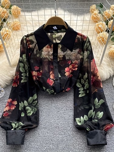 🌸Women’s Elegant Vintage Floral Blouse | Semi-Sheer Bubble Sleeve Spring Autumn High-End Niche Top