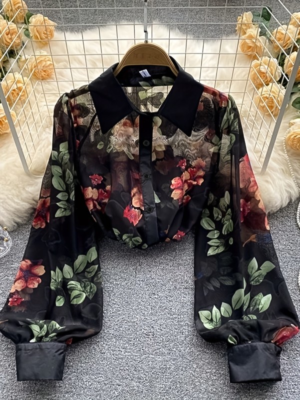 🌸Women’s Elegant Vintage Floral Blouse | Semi-Sheer Bubble Sleeve Spring Autumn High-End Niche Top