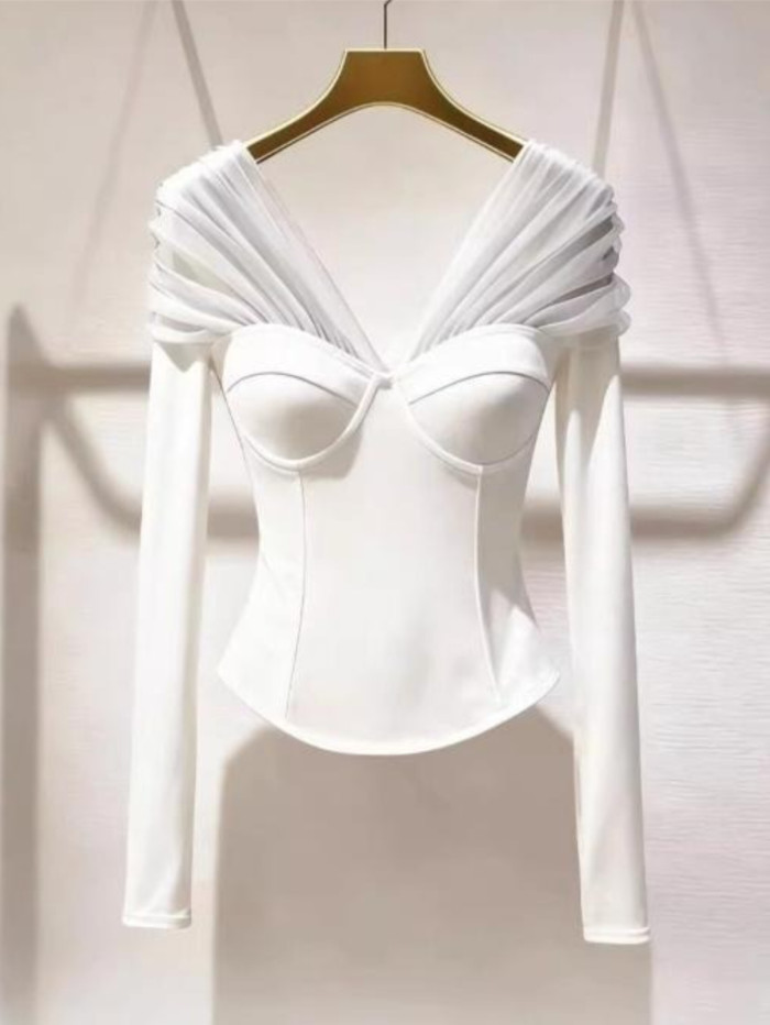 Plus Size Elegant Off Shoulder Top | Mesh Splicing Long Sleeve Banquet Date Party Blouse