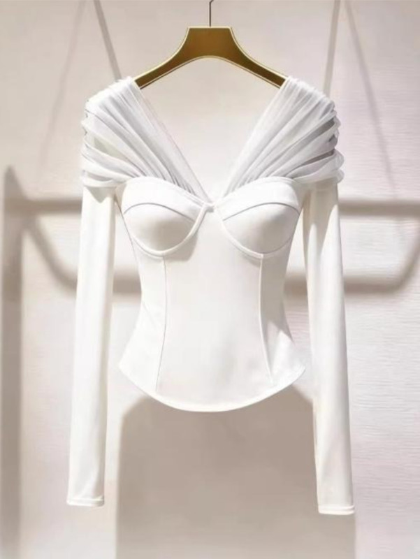 Plus Size Elegant Off Shoulder Top | Mesh Splicing Long Sleeve Banquet Date Party Blouse