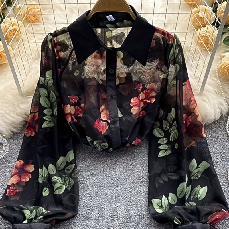 🌸Women’s Elegant Vintage Floral Blouse | Semi-Sheer Bubble Sleeve Spring Autumn High-End Niche Top