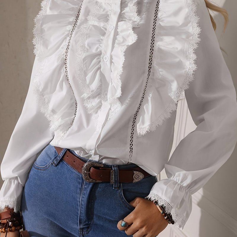 Women's Fashion White Ruffle Lace Loose Shirt