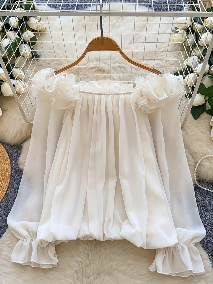 Women's Atmospheric Off-Shoulder Ruffle Spliced Long Sleeve Chiffon Shirt Loose Top + Wilderness