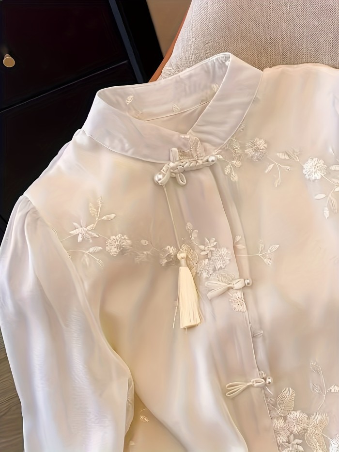 🏮Women’s Chinese-Inspired Mandarin Collar Blouse | Semi-Sheer Long Sleeve Formal Wedding Solid Top