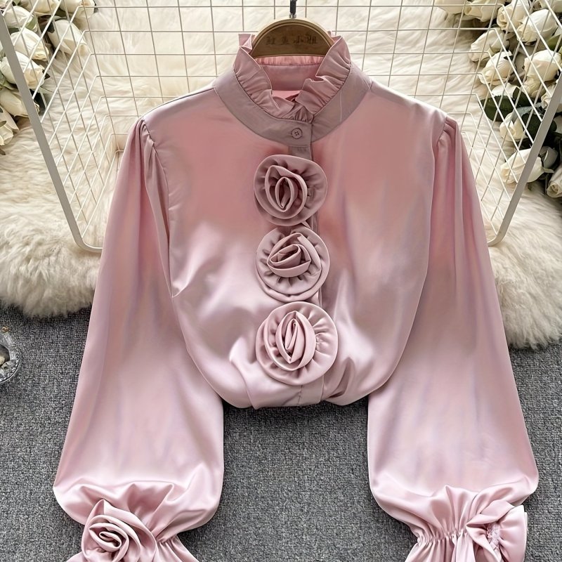 Women'S Elegant O-Neck Floral Stand-Collar Puff Long-Sleeve Shirt