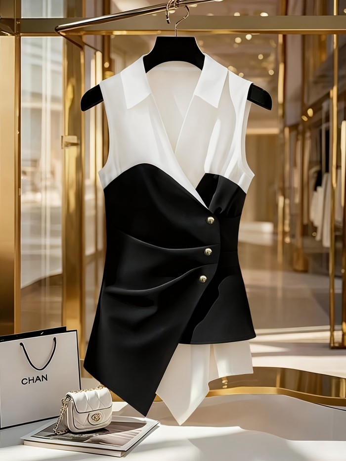💫Women’s Color Block Sleeveless Top | Turn-Collar Waist-Defining Elegant Commuter Shirt
