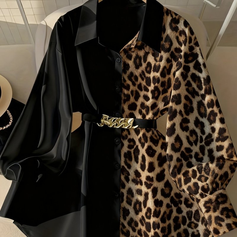 Women’s Elegant Leopard Print Shirt | Metallic Belt Long Sleeve Loose All-Season Blouse
