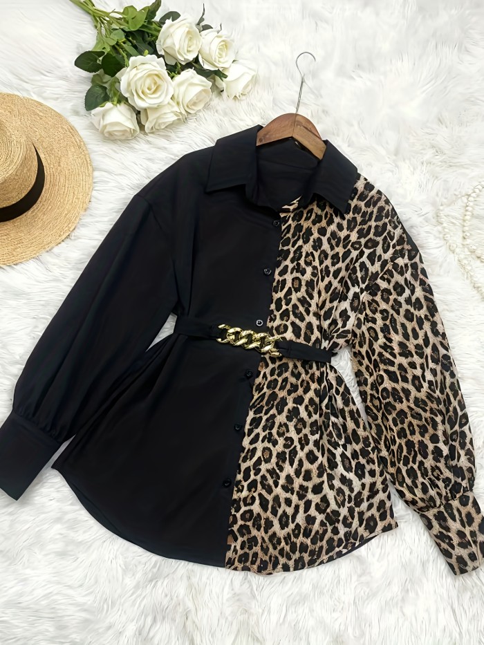 Women’s Elegant Leopard Print Shirt | Metallic Belt Long Sleeve Loose All-Season Blouse