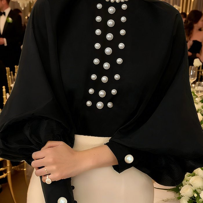💍Women’s Elegant Pearl-Embellished Shirt | Tie Neck Lantern Sleeve Loose Office Party Top