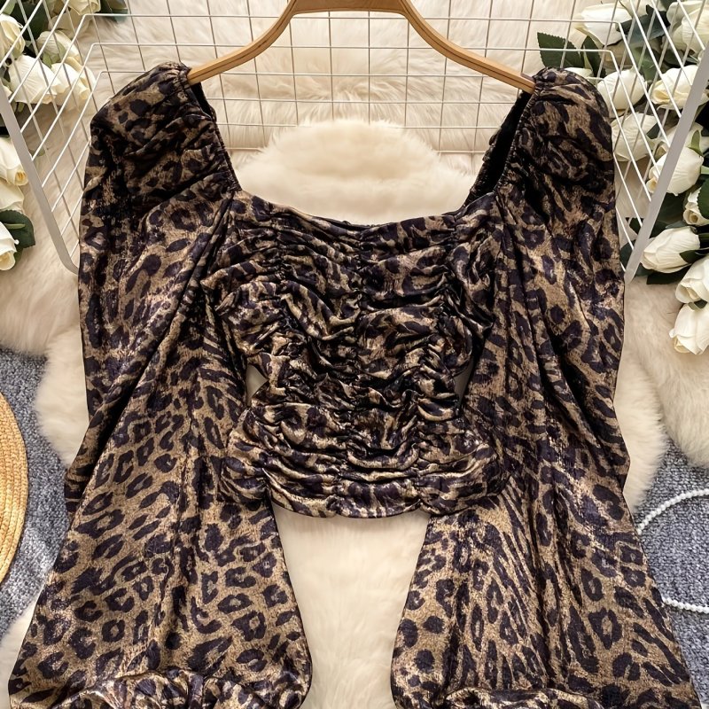 ✨Leopard Print Ruffle Crop Blouse | Square Neck Puff Lantern Sleeve Mature Women’s Top