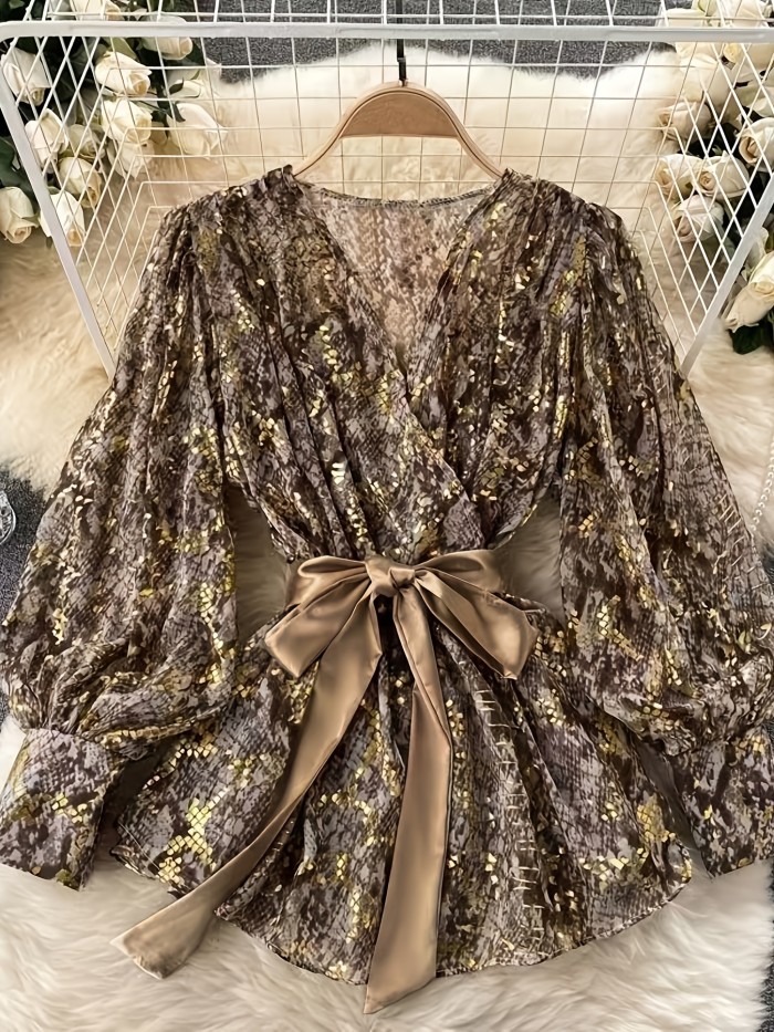 ✨Vintage Snake Texture Blouse | Women’s V-Neck Semi-Sheer Dressy Versatile Top