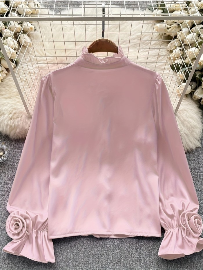 Women'S Elegant O-Neck Floral Stand-Collar Puff Long-Sleeve Shirt