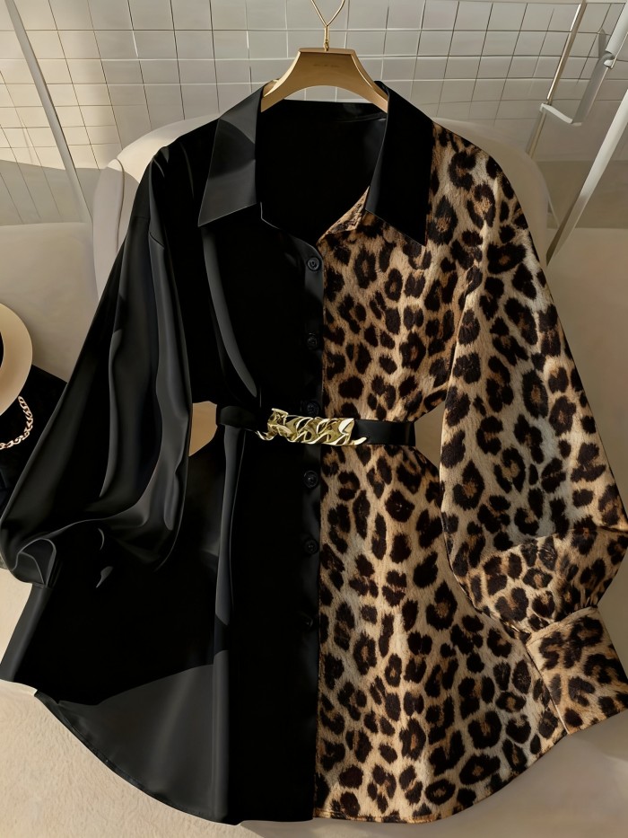 Women’s Elegant Leopard Print Shirt | Metallic Belt Long Sleeve Loose All-Season Blouse