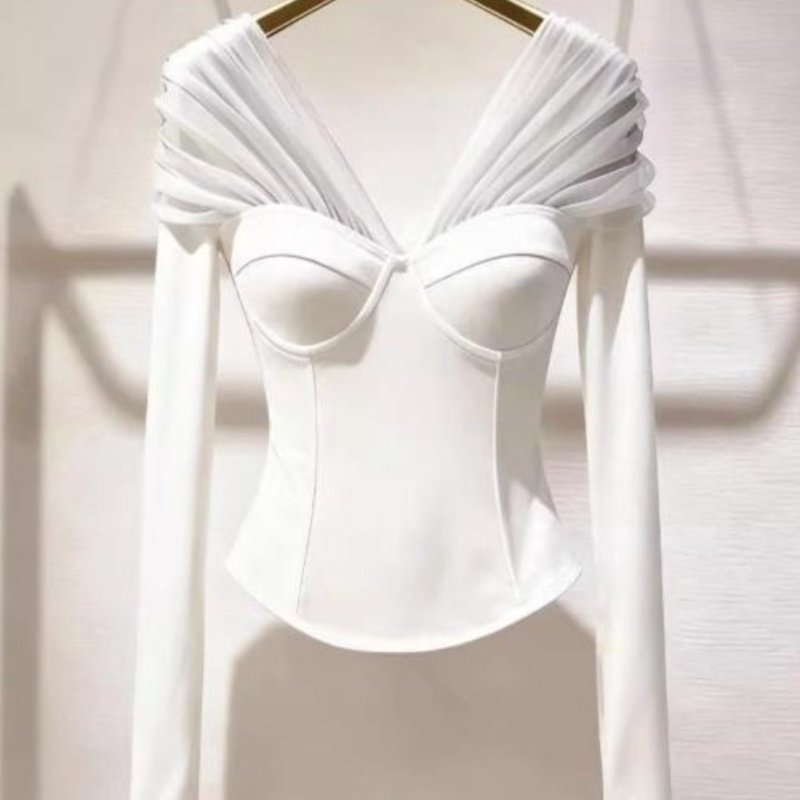 Plus Size Elegant Off Shoulder Top | Mesh Splicing Long Sleeve Banquet Date Party Blouse