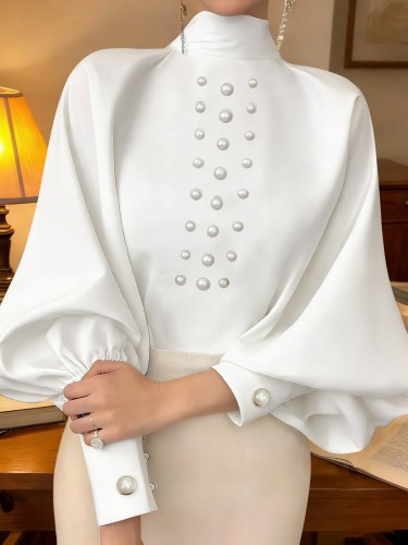 💍Women’s Elegant Pearl-Embellished Shirt | Tie Neck Lantern Sleeve Loose Office Party Top
