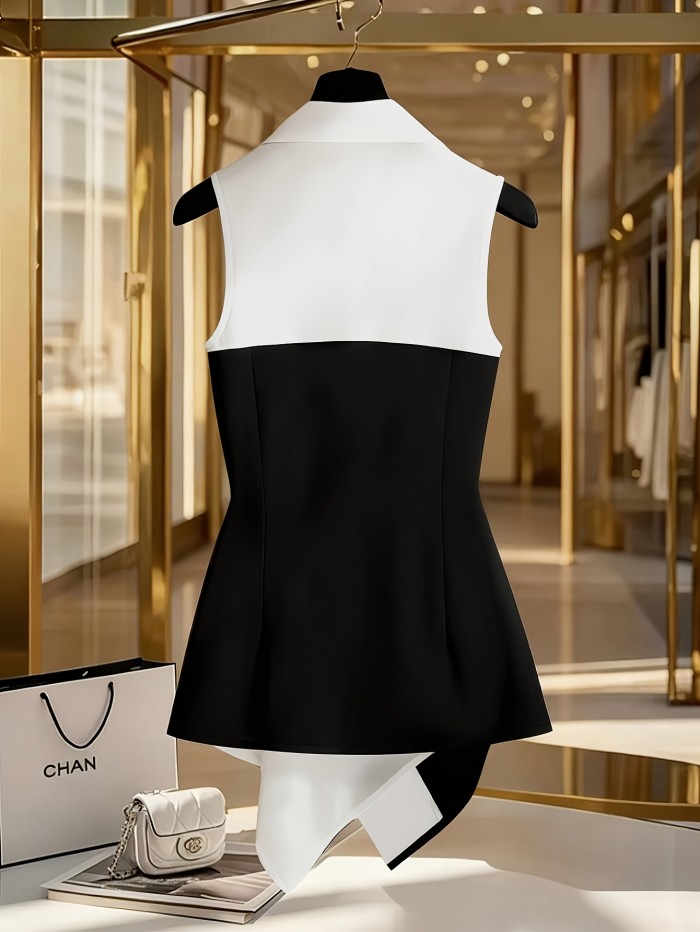 💫Women’s Color Block Sleeveless Top | Turn-Collar Waist-Defining Elegant Commuter Shirt