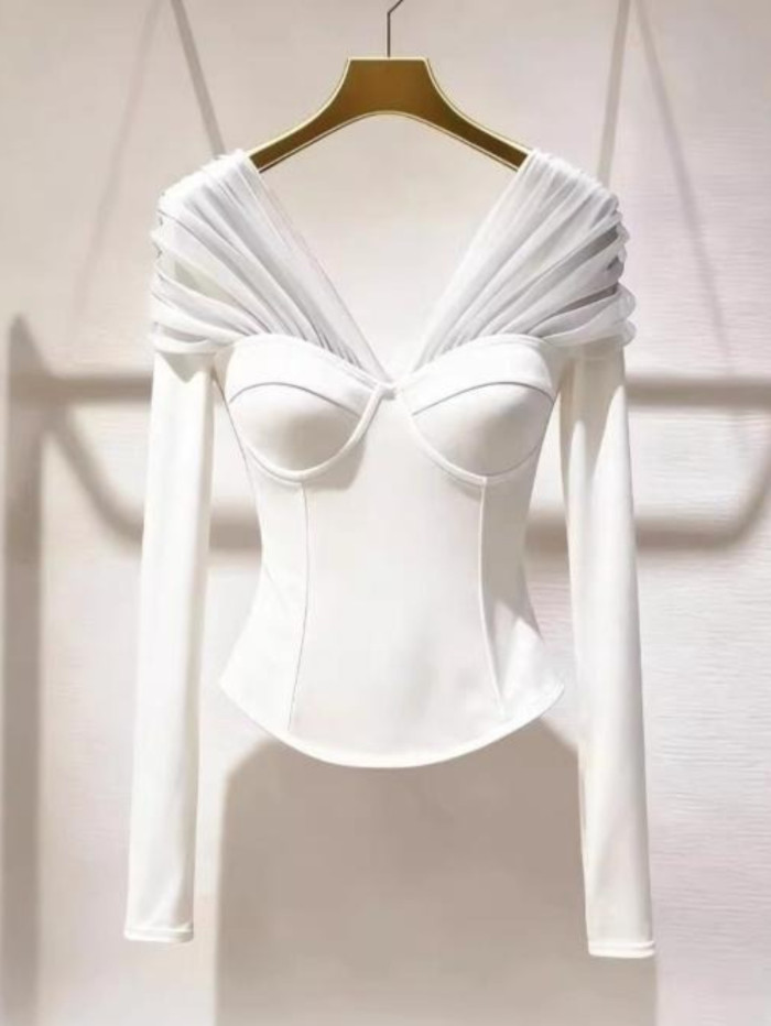 Plus Size Elegant Off Shoulder Top | Mesh Splicing Long Sleeve Banquet Date Party Blouse