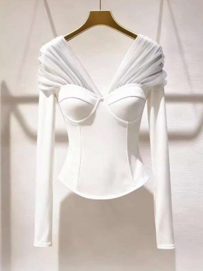 Plus Size Elegant Off Shoulder Top | Mesh Splicing Long Sleeve Banquet Date Party Blouse