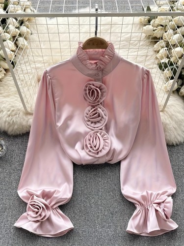 Women'S Elegant O-Neck Floral Stand-Collar Puff Long-Sleeve Shirt