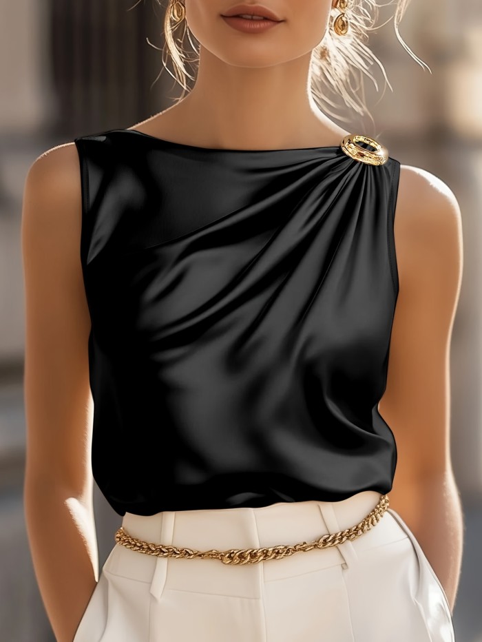 ✨Elegant Round Neck Sleeveless Top | Non-See-Through Office Party Casual Blouse