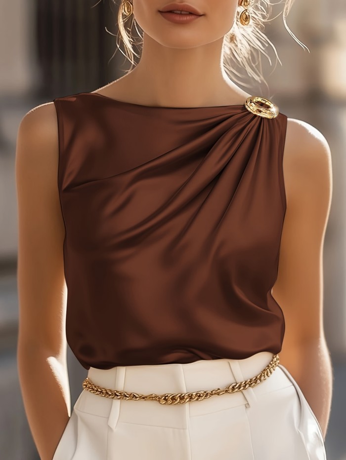 ✨Elegant Round Neck Sleeveless Top | Non-See-Through Office Party Casual Blouse