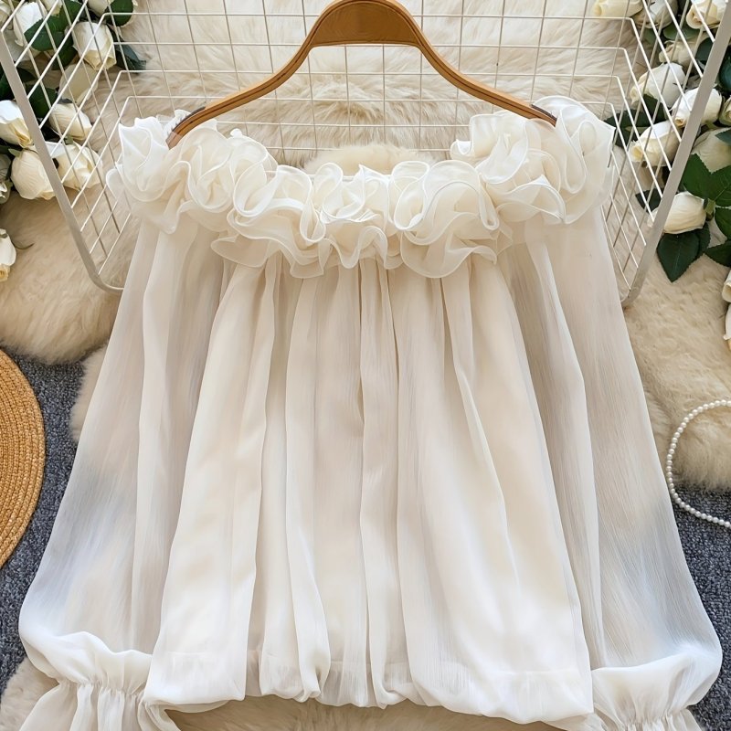 Women's Atmospheric Off-Shoulder Ruffle Spliced Long Sleeve Chiffon Shirt Loose Top + Wilderness