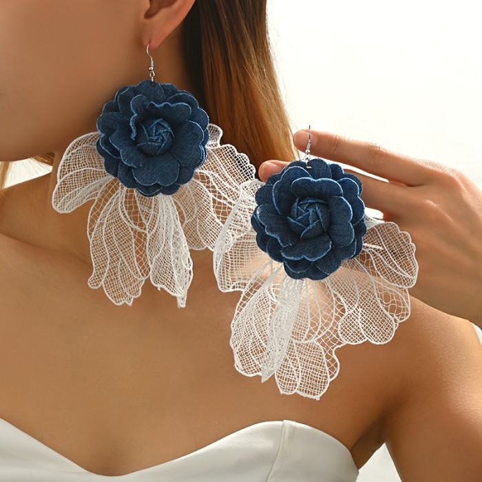 Exaggerated Hollow Denim Lace Flower Earrings for Women