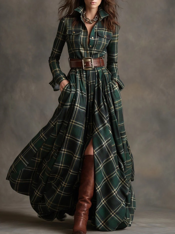 Free Belt! Plus Size Women's French Retro Plaid Slimming Look Asymmetrical Dress