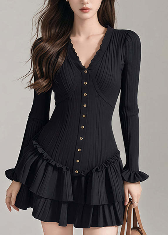 French Black Ruffled Patchwork Button Knit Mid Dress Petal Sleeve