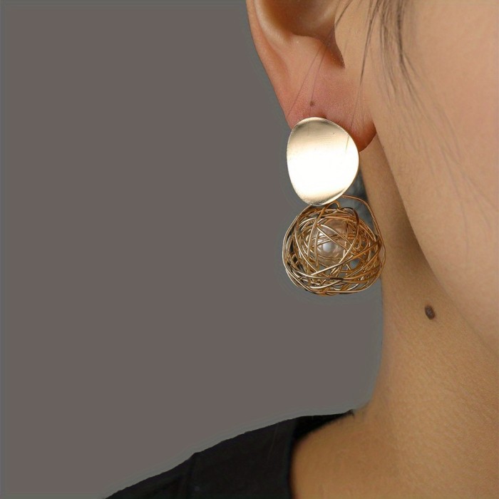 Women’s Vintage Geometric Drop Earrings | Woven Ball Artificial Pearl Party Anniversary Creative Gift Jewelry