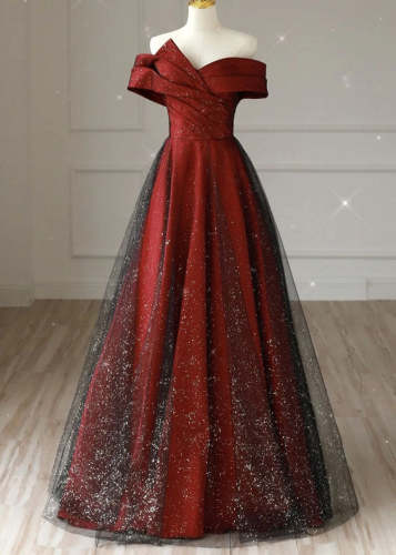 French Wine Red Cold Shoulder Sequins Tulle Wedding Dress