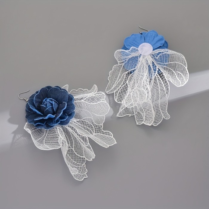 Exaggerated Hollow Denim Lace Flower Earrings for Women