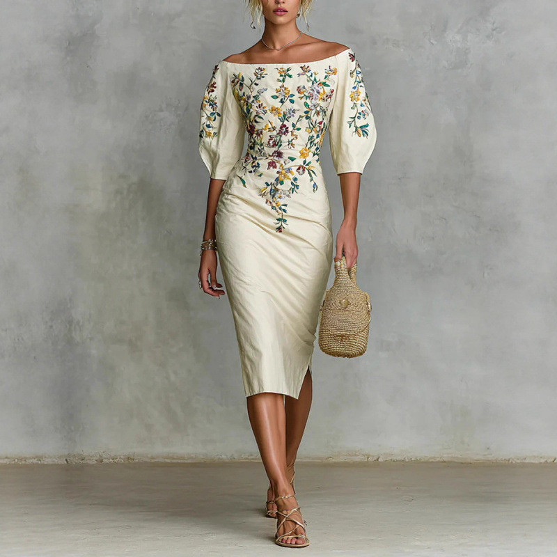 Elegant One-Shoulder Five-Quarter Sleeve Waist-Covering Hip Dress