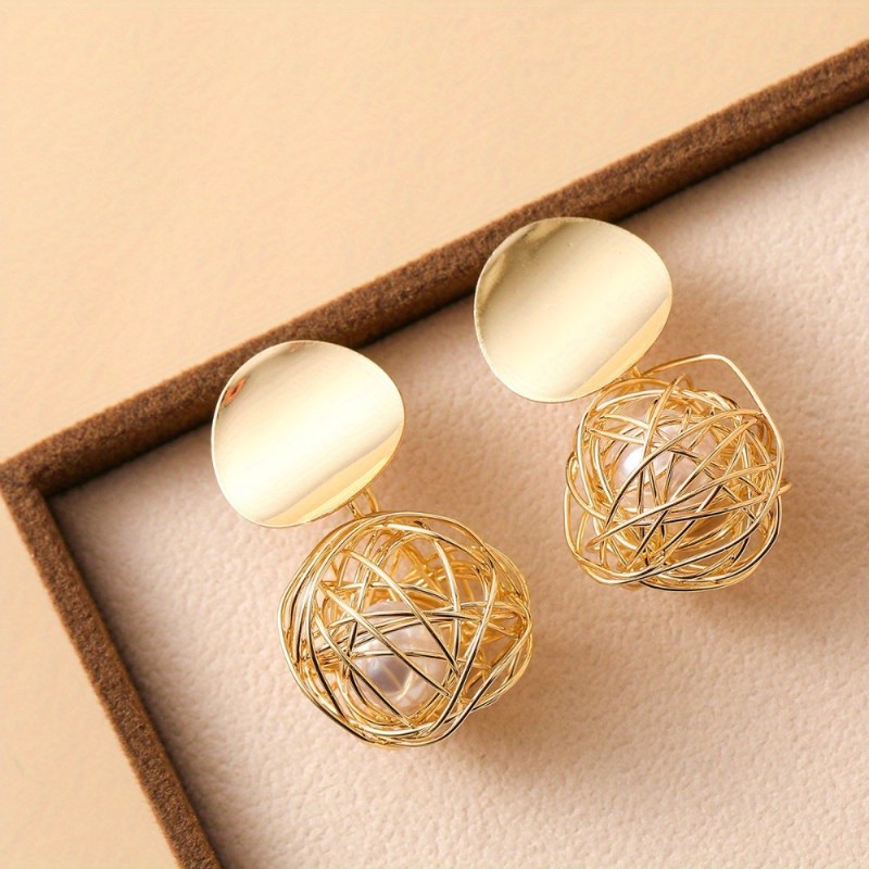 Women’s Vintage Geometric Drop Earrings | Woven Ball Artificial Pearl Party Anniversary Creative Gift Jewelry