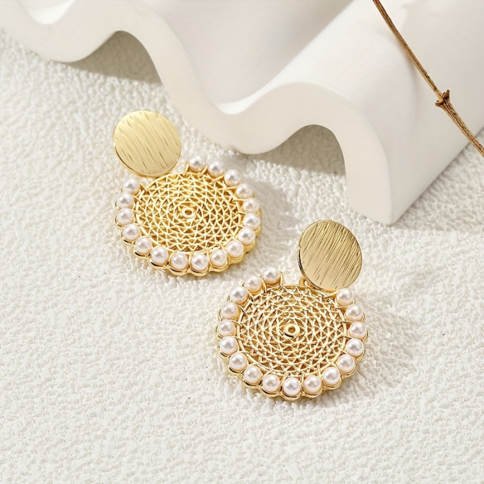 Ethnic Pearl Earrings | Middle Eastern Bollywood Carved Round Mesh Imitation Pearl Dangles