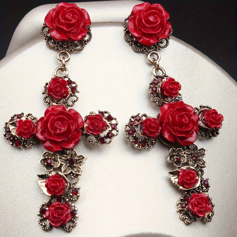 🌹Women’s Vintage Rose Cross Earrings | Baroque French Court Euro-American Long Drop Fashion Jewelry