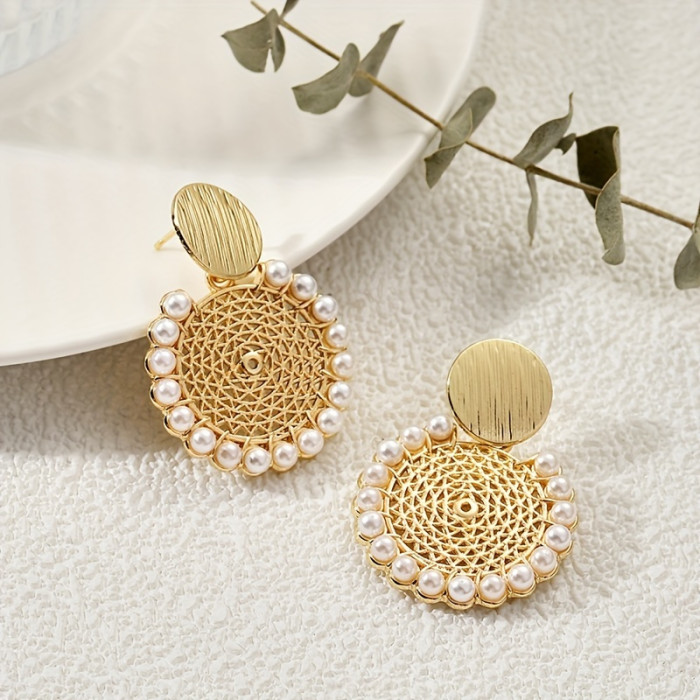 Ethnic Pearl Earrings | Middle Eastern Bollywood Carved Round Mesh Imitation Pearl Dangles
