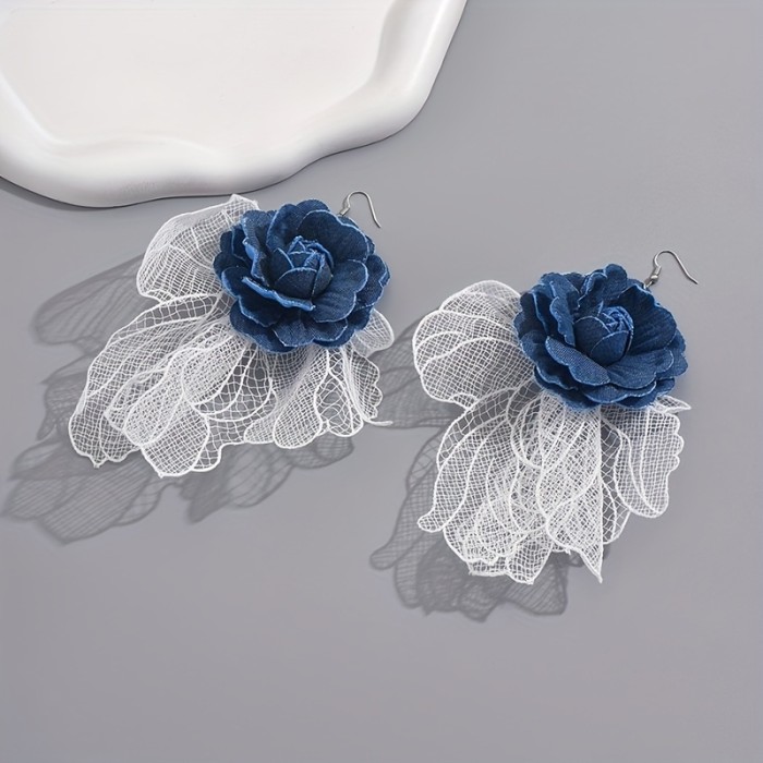 Exaggerated Hollow Denim Lace Flower Earrings for Women