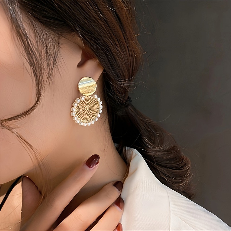 Ethnic Pearl Earrings | Middle Eastern Bollywood Carved Round Mesh Imitation Pearl Dangles