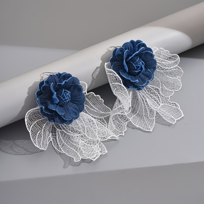 Exaggerated Hollow Denim Lace Flower Earrings for Women