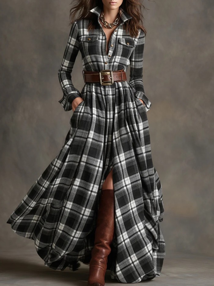 Free Belt! Plus Size Women's French Retro Plaid Slimming Look Asymmetrical Dress