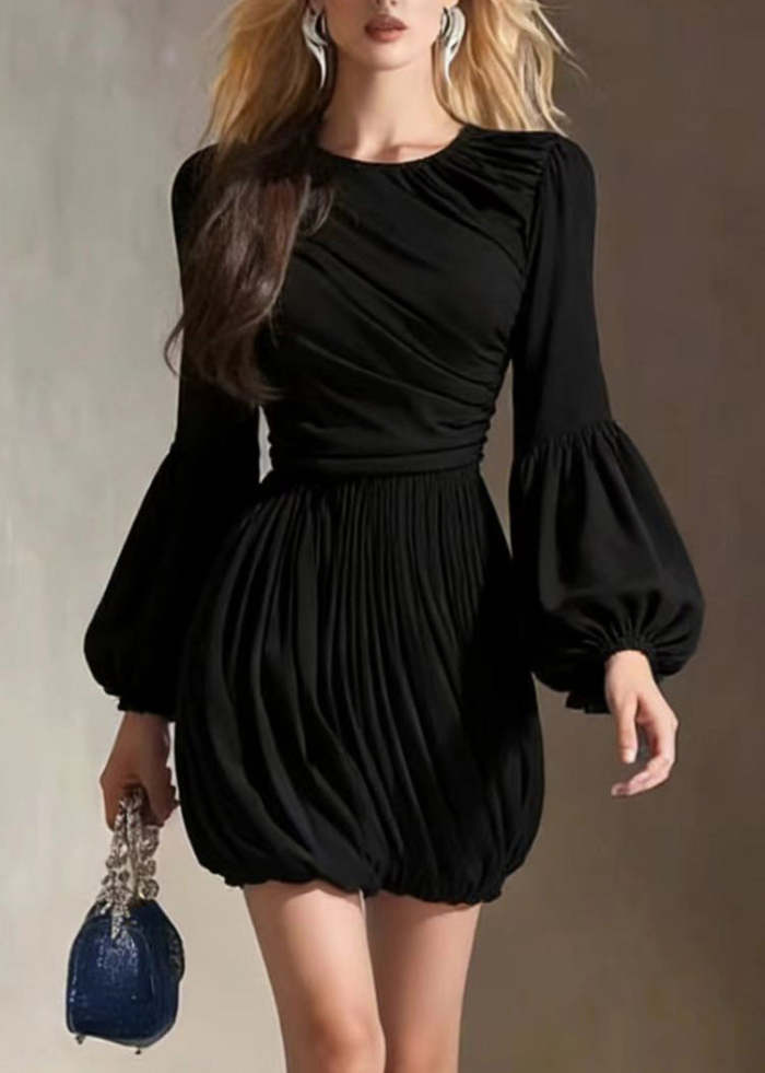 Women Black O Neck Wrinkled Patchwork Dress Lantern Sleeve