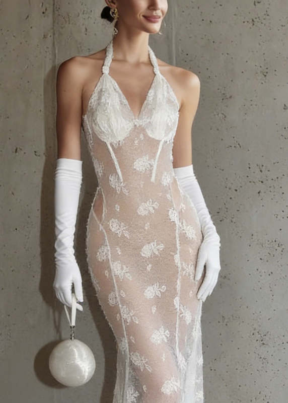 Sexy White Hollow Out Lace Perspective Tulle Maxi Dresses Sleeveless