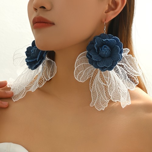 Exaggerated Hollow Denim Lace Flower Earrings for Women